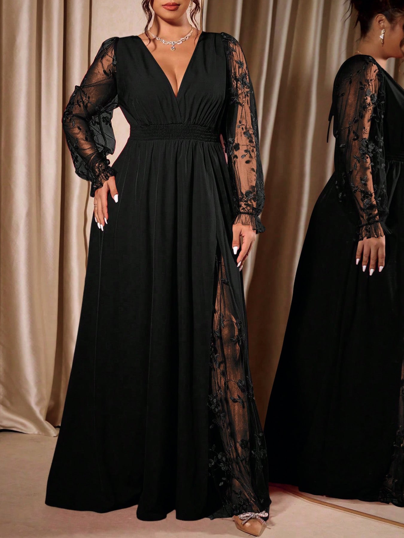 Plus Size Lace Sleeve V Neck Formal Maxi Dress