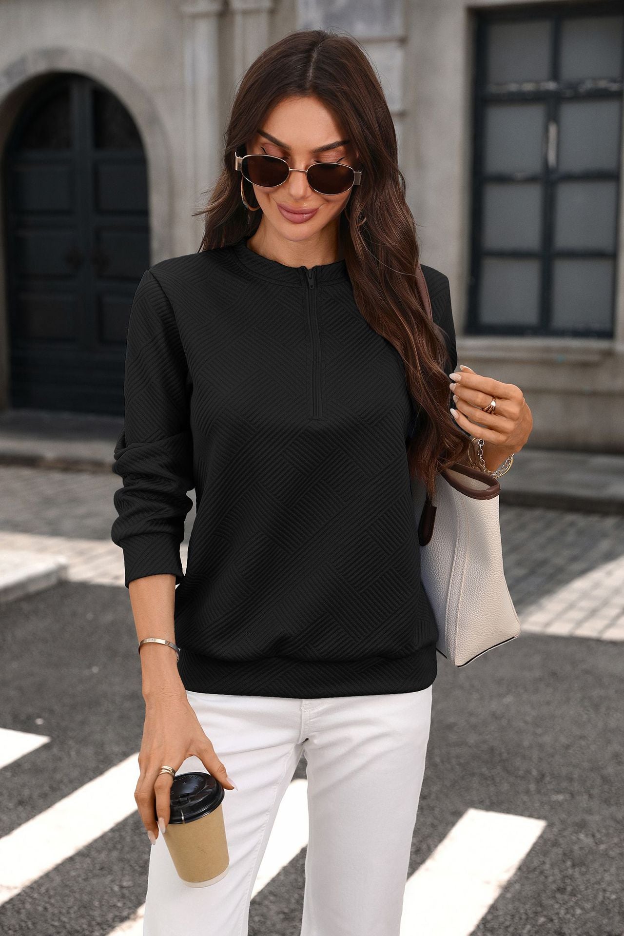 Solid Textured Knit Pullover Quarter Zip Long Sleeve Top