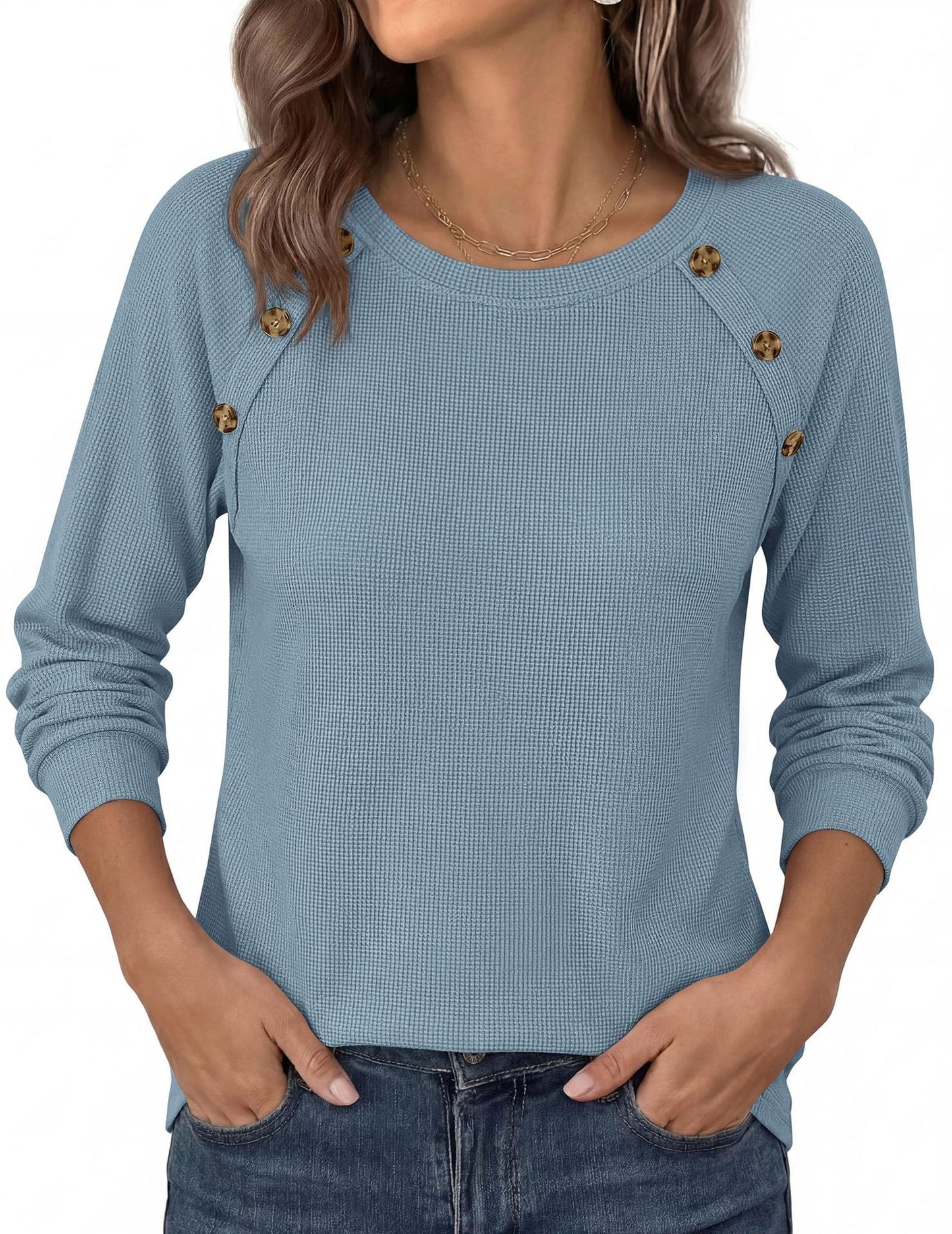 Waffle Knit Button Detail Top Long Sleeve Casual Pullover