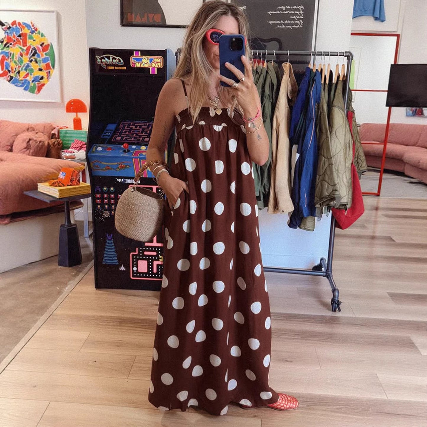 Polka Dot Cami Maxi Dress Sleeveless Flowy Dress