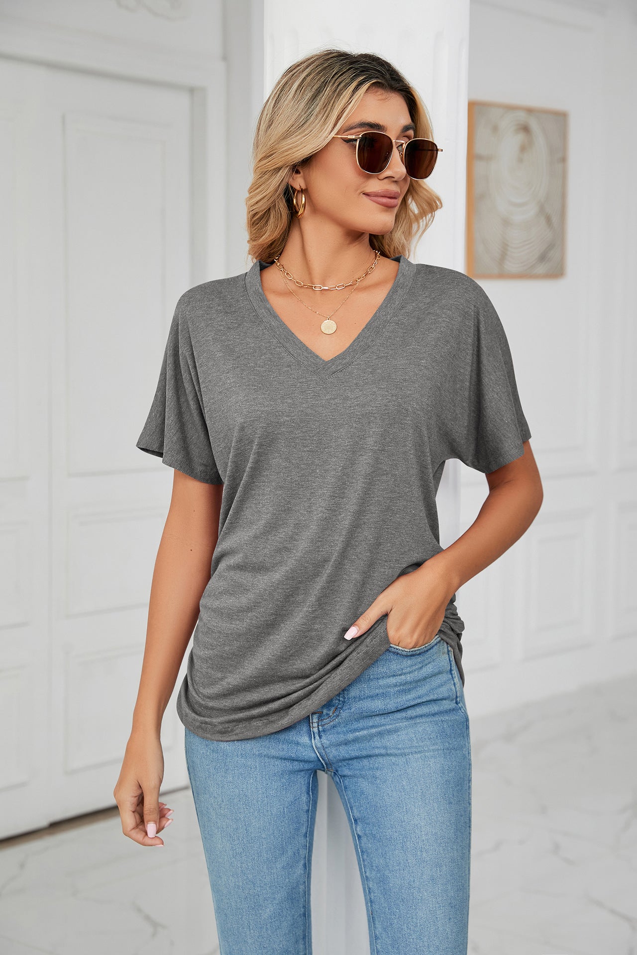 Basic V Neck Short Sleeve T Shirt Women Soft Loose Fit Casual Everyday Essential Top