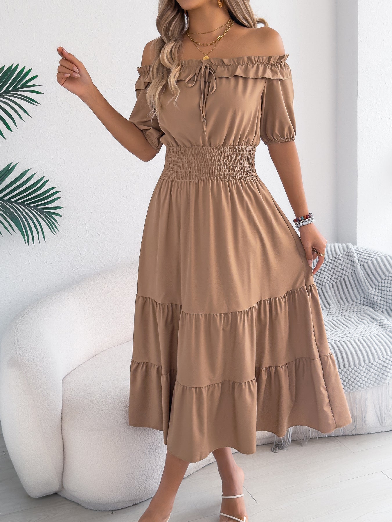 Green Off Shoulder Smocked Waist Ruffle Maxi Dress