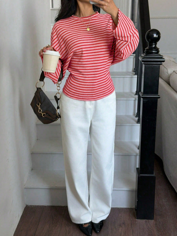 Women's Striped Batwing Waffle Knit Long Sleeve Top