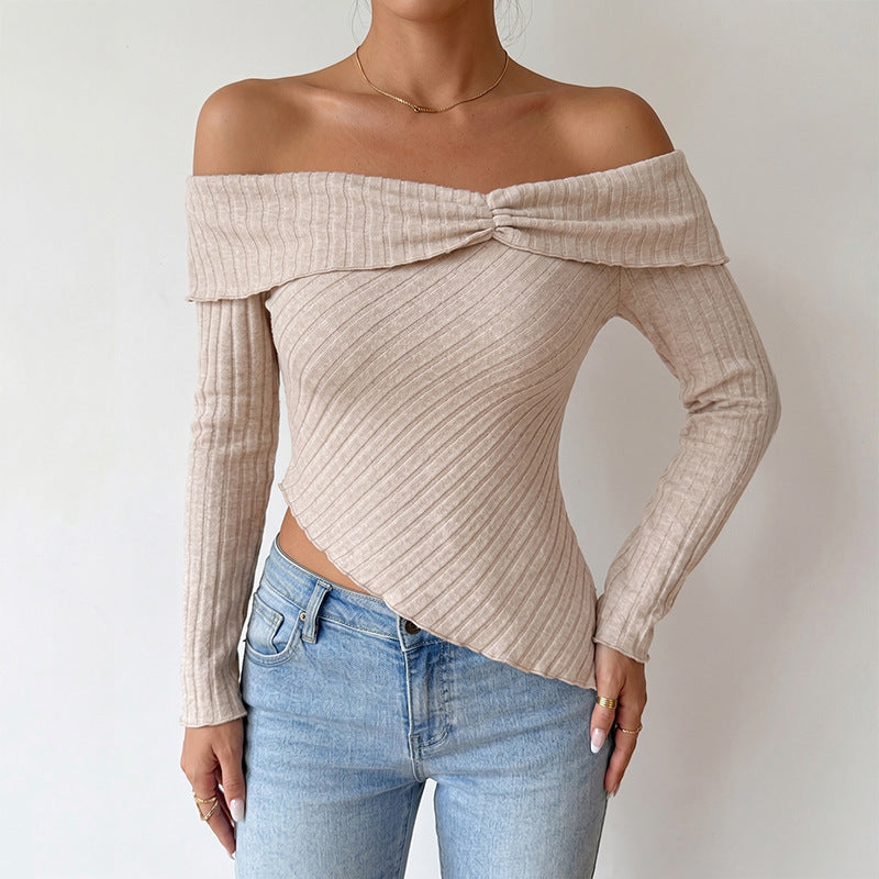 Off Shoulder Ribbed Knit Top Long Sleeve Slim Fit Blouse