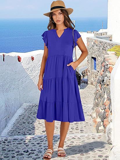 V Neck Flutter Sleeve Tiered Midi Dress with Pockets