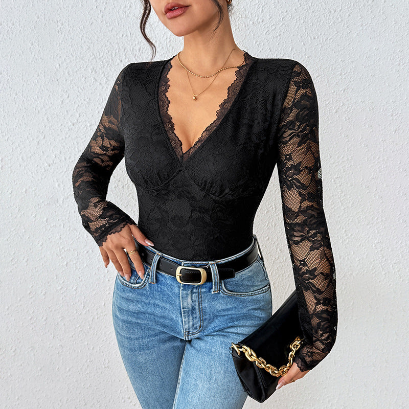 Lace Bodysuit Long Sleeve Backless Sexy Clubwear