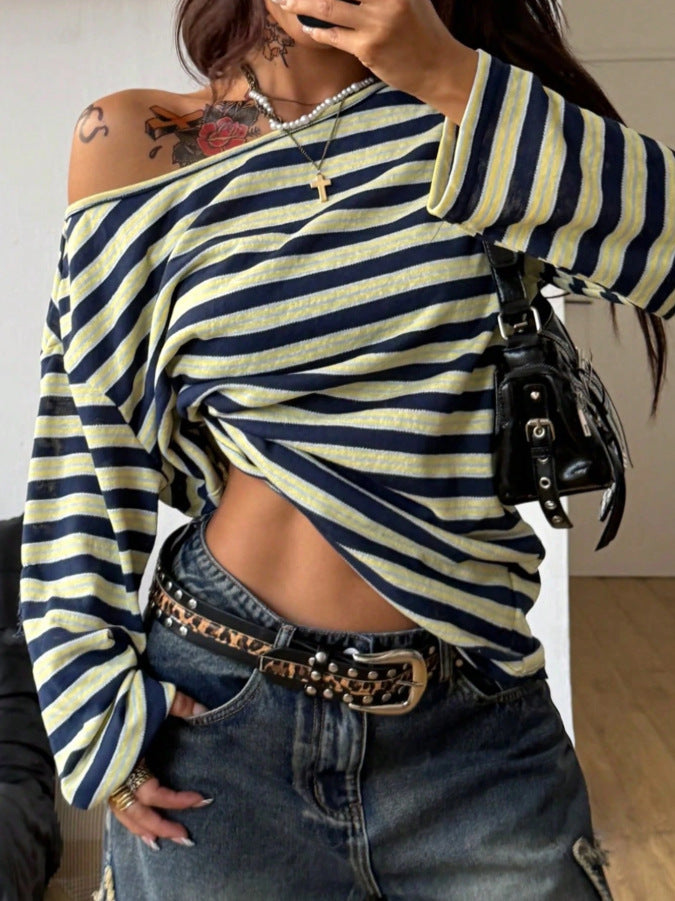 Striped Off Shoulder Oversized Long Sleeve Top
