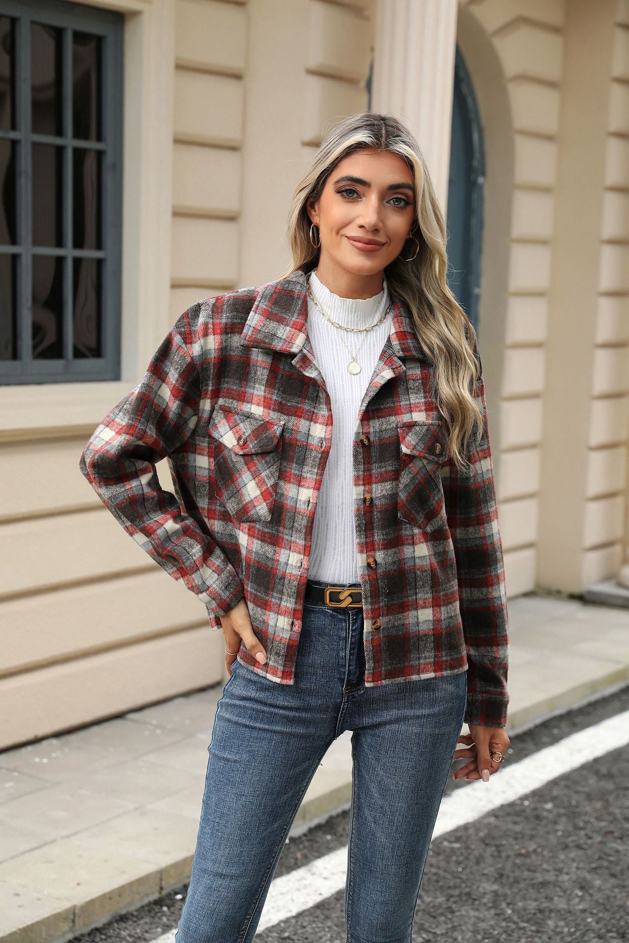 Long Sleeve Loose Pocket Plaid Top Wool Jacket