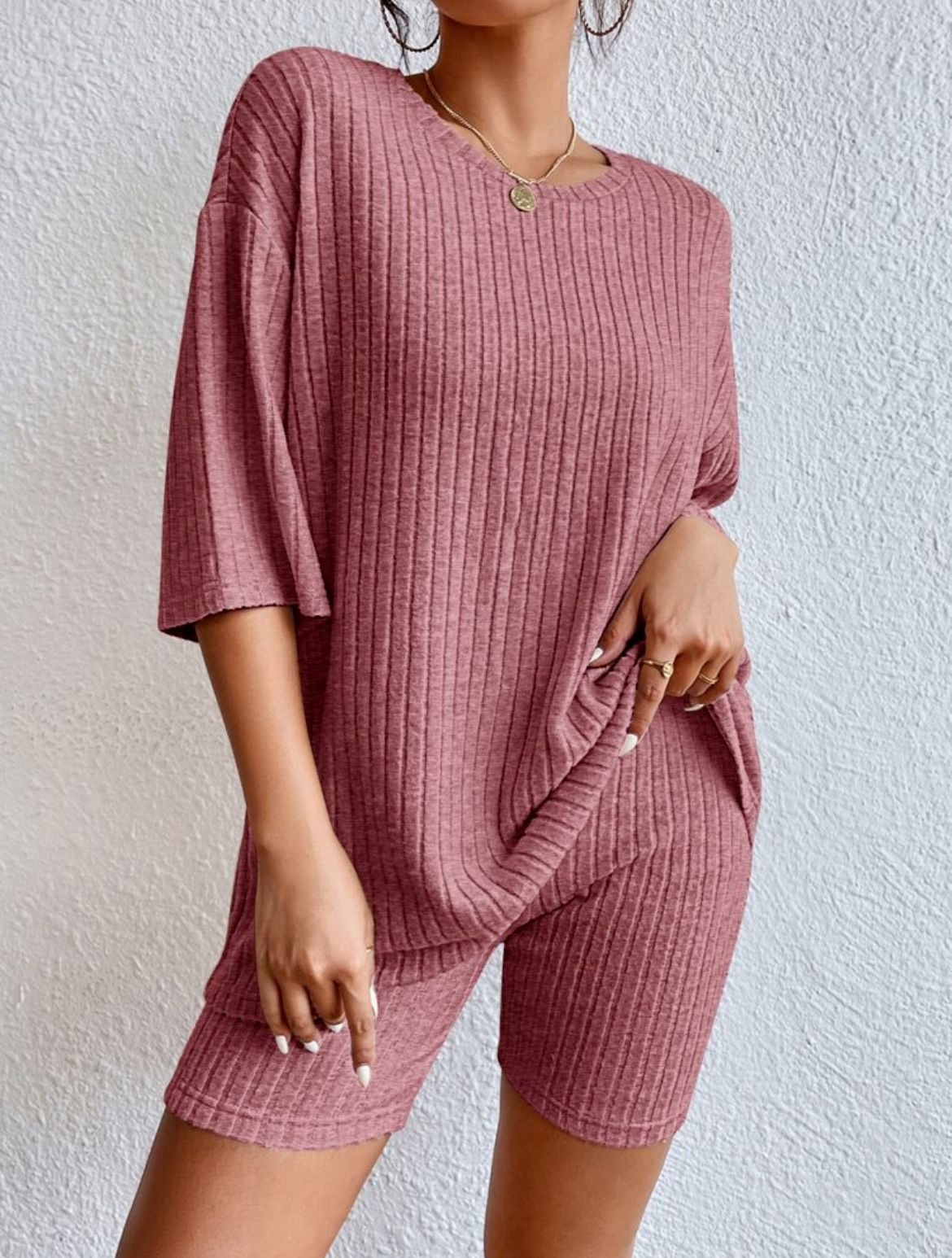 Ribbed Knit Two Piece Set Oversized Top & Biker Shorts