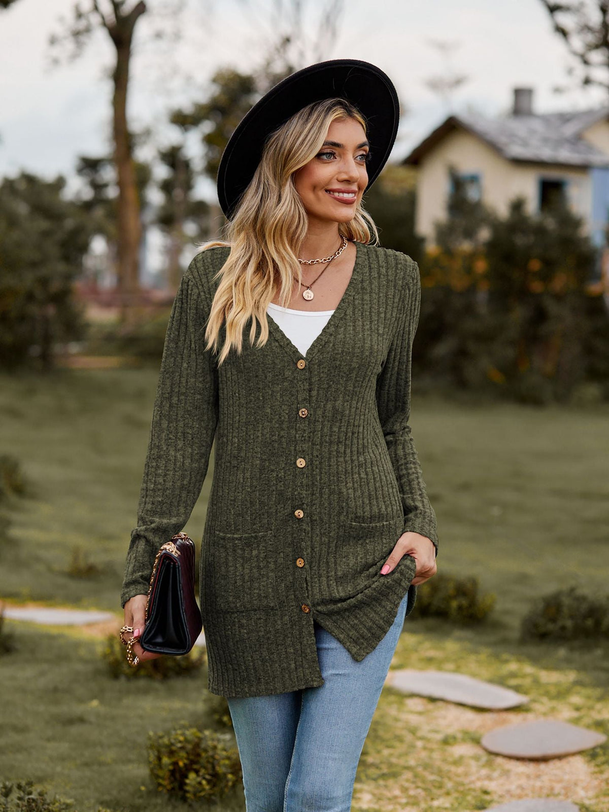 Ribbed Knit Longline Cardigan Button Front