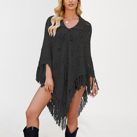 Womens Fringe Knit Poncho Shawl Sweater
