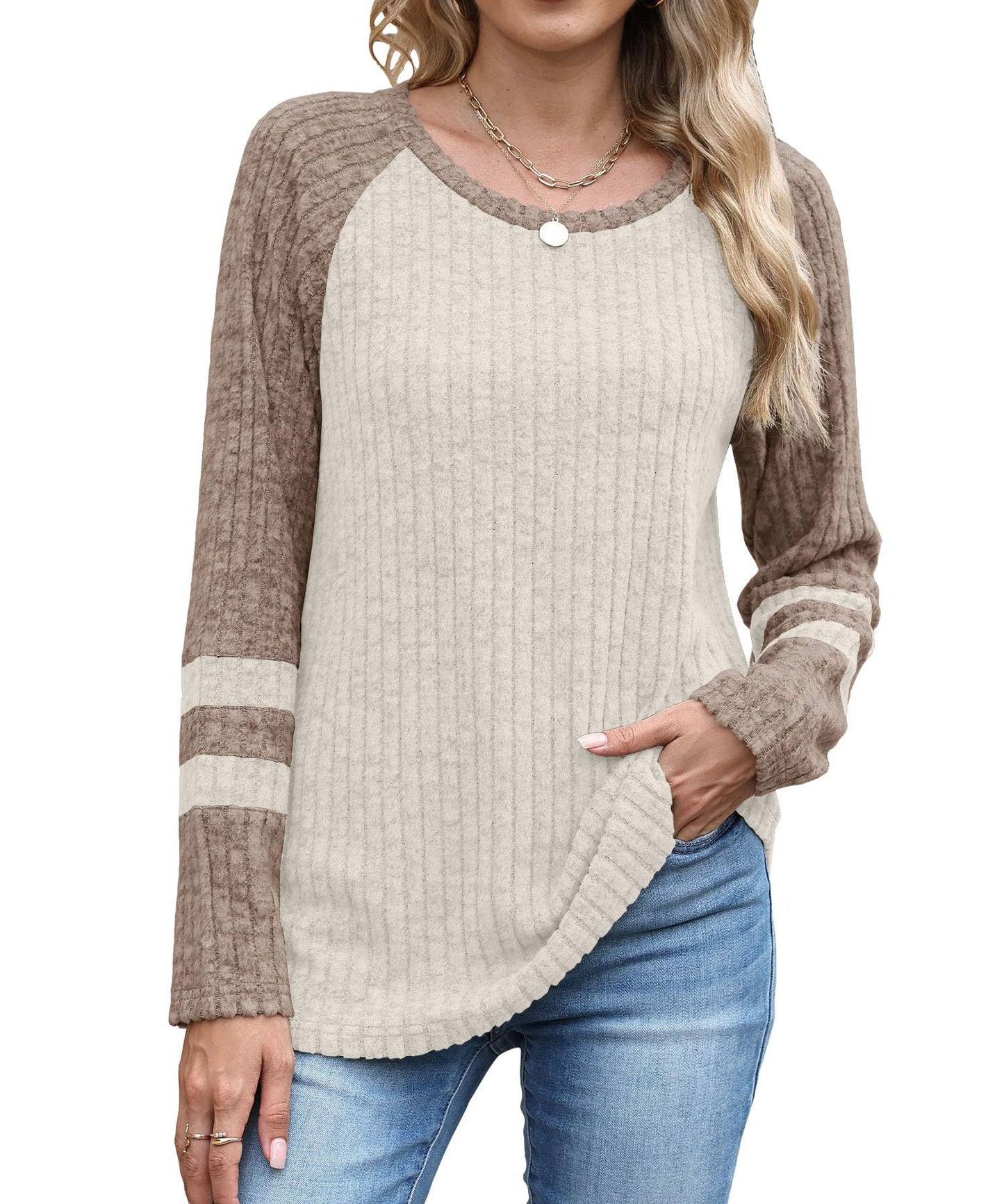 Colorblock Polyester Top Casual Ribbed Raglan Sleeve