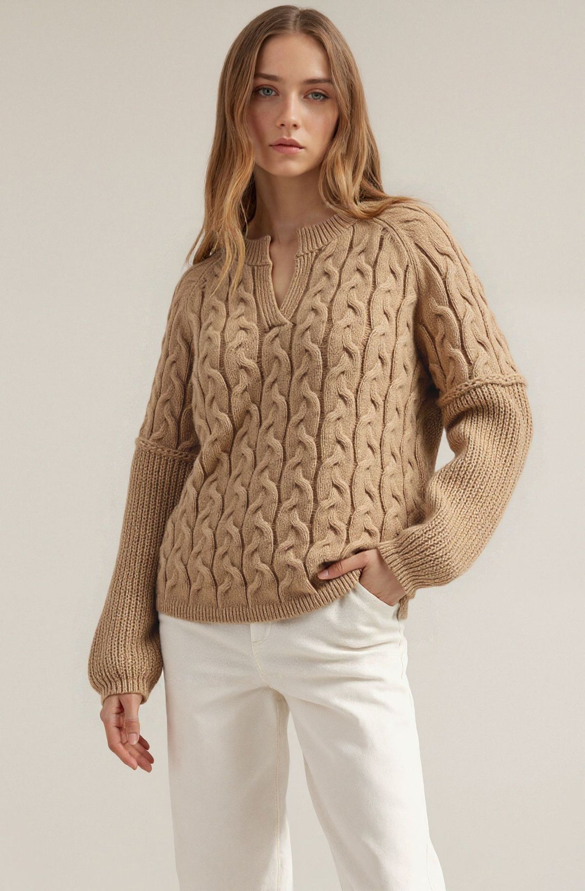 Women's Chunky Cable Knit V Neck Pullover Sweater
