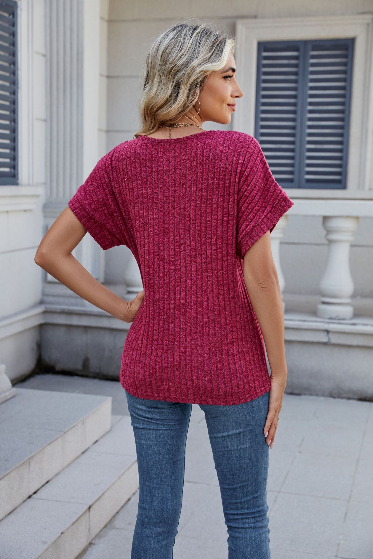Ribbed Knit Top Casual Dolman Sleeve V Neck