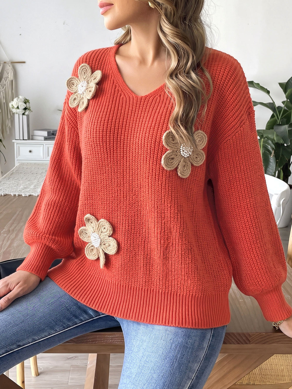 V-Neck Beaded Flower Sweater Balloon Sleeve Pullover