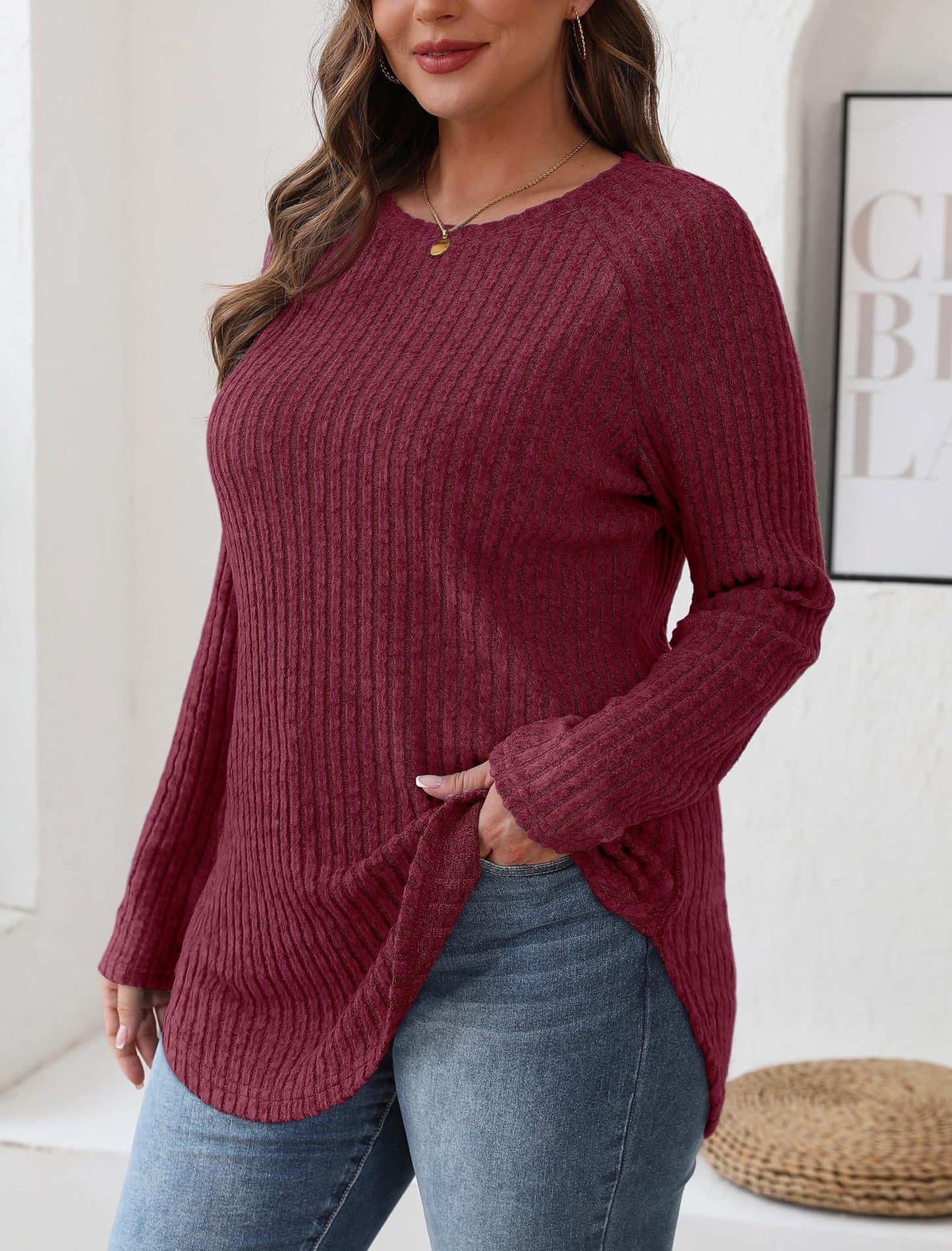 Solid Ribbed Knit Tunic Top Curved Hem Long Sleeve