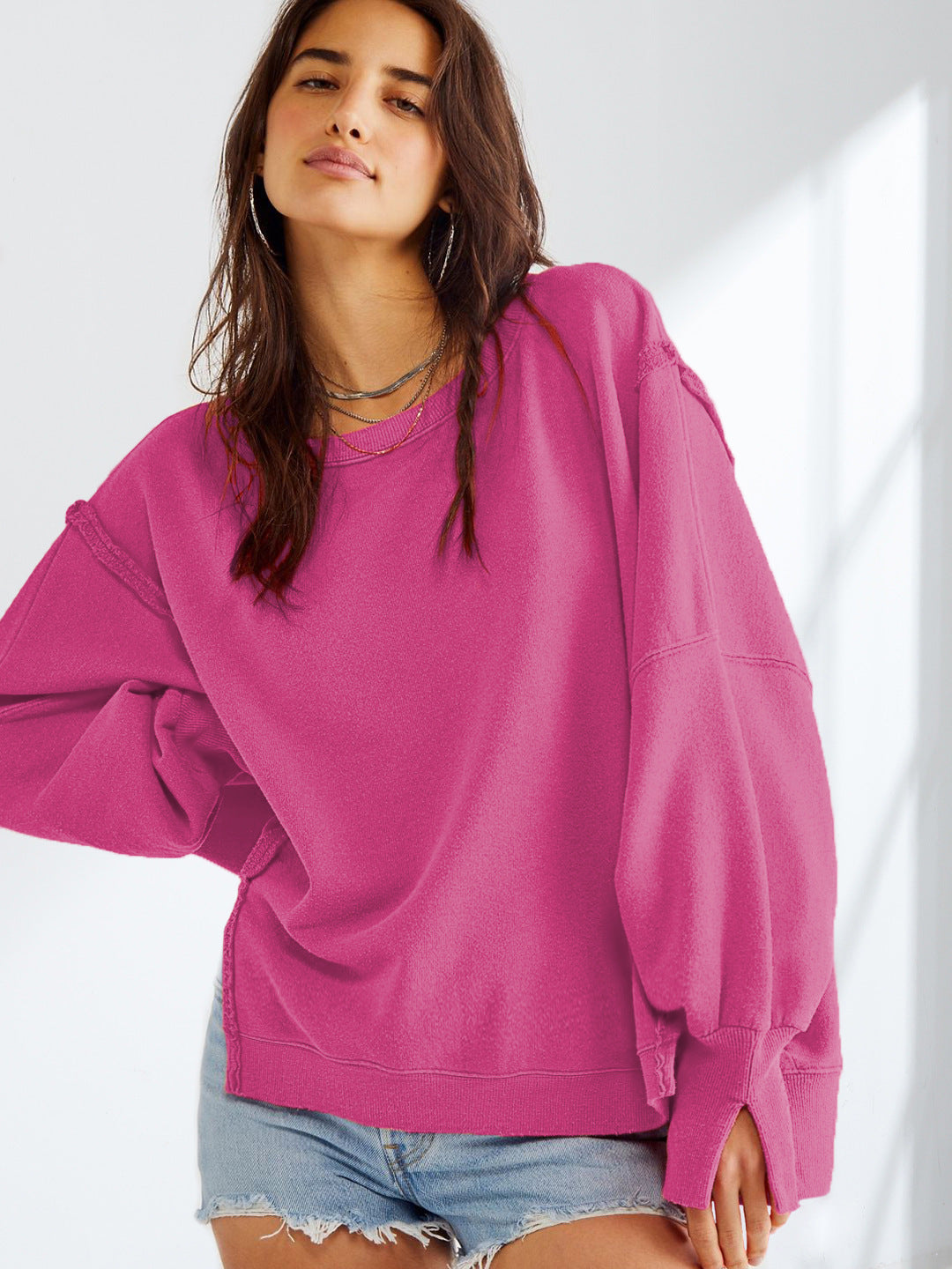 Womens Oversized Crewneck Sweatshirt Side Slit Long Sleeve