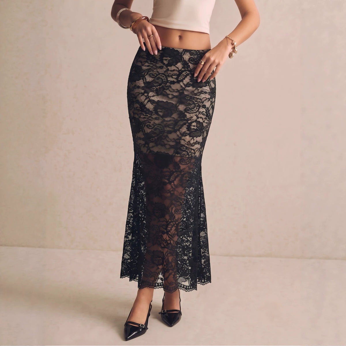 Black Lace Maxi Skirt High Waist Slit Floral Sexy