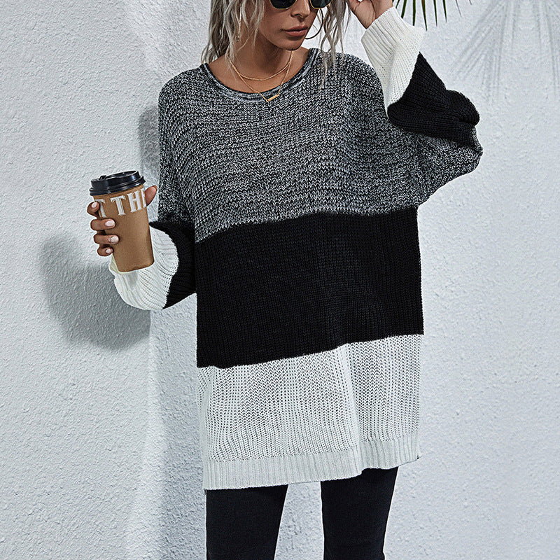 Color Block Round Neck Long Sleeve Knit Sweater