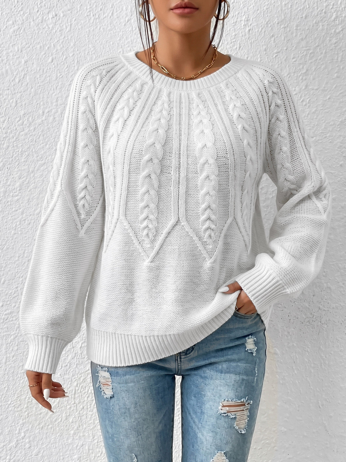 Women's Soft Cable Knit Crew Neck Pullover Sweater