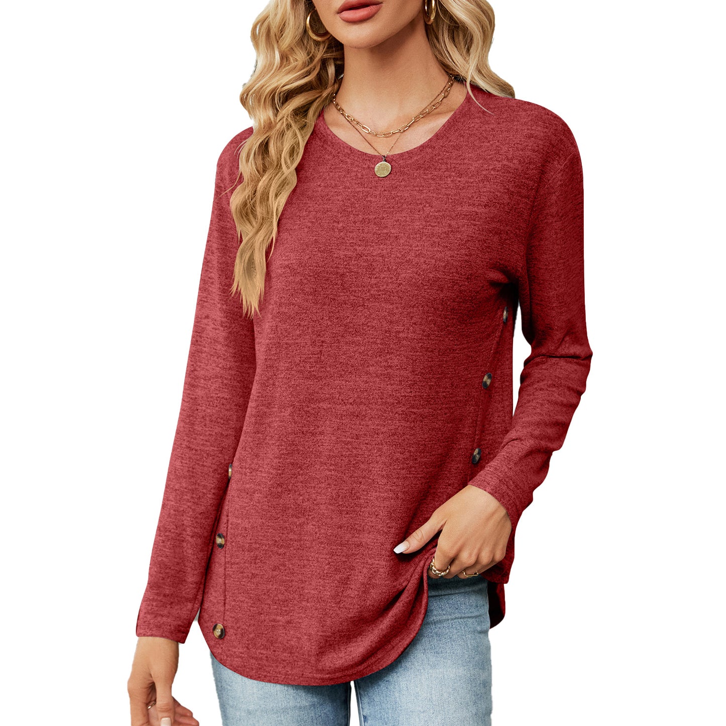 Womens Loose Crewneck Button Side Long Sleeve Tunic Tee