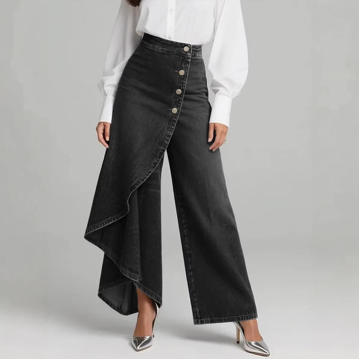 Solid Denim Wide Leg Pants Asymmetric Wrap High Waist Jeans