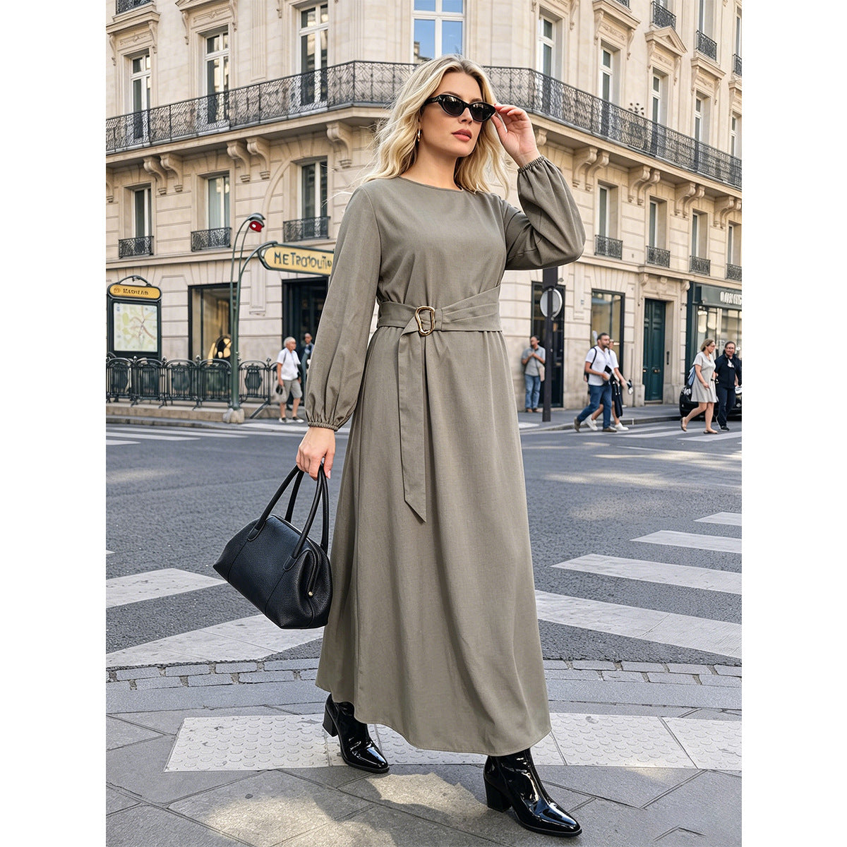 Plus Size Solid Belted Long Sleeve Maxi Dress