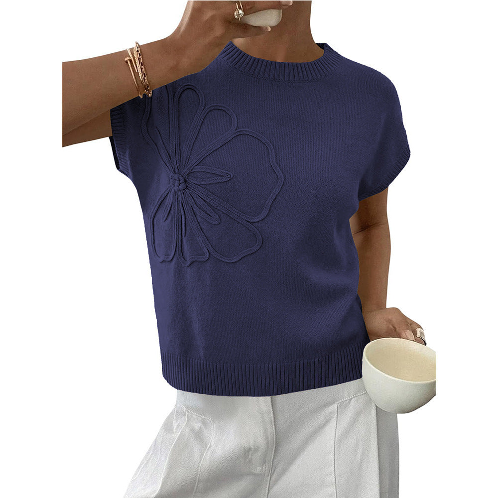 Womens 3D Floral Knit Top Short Sleeve Pullover