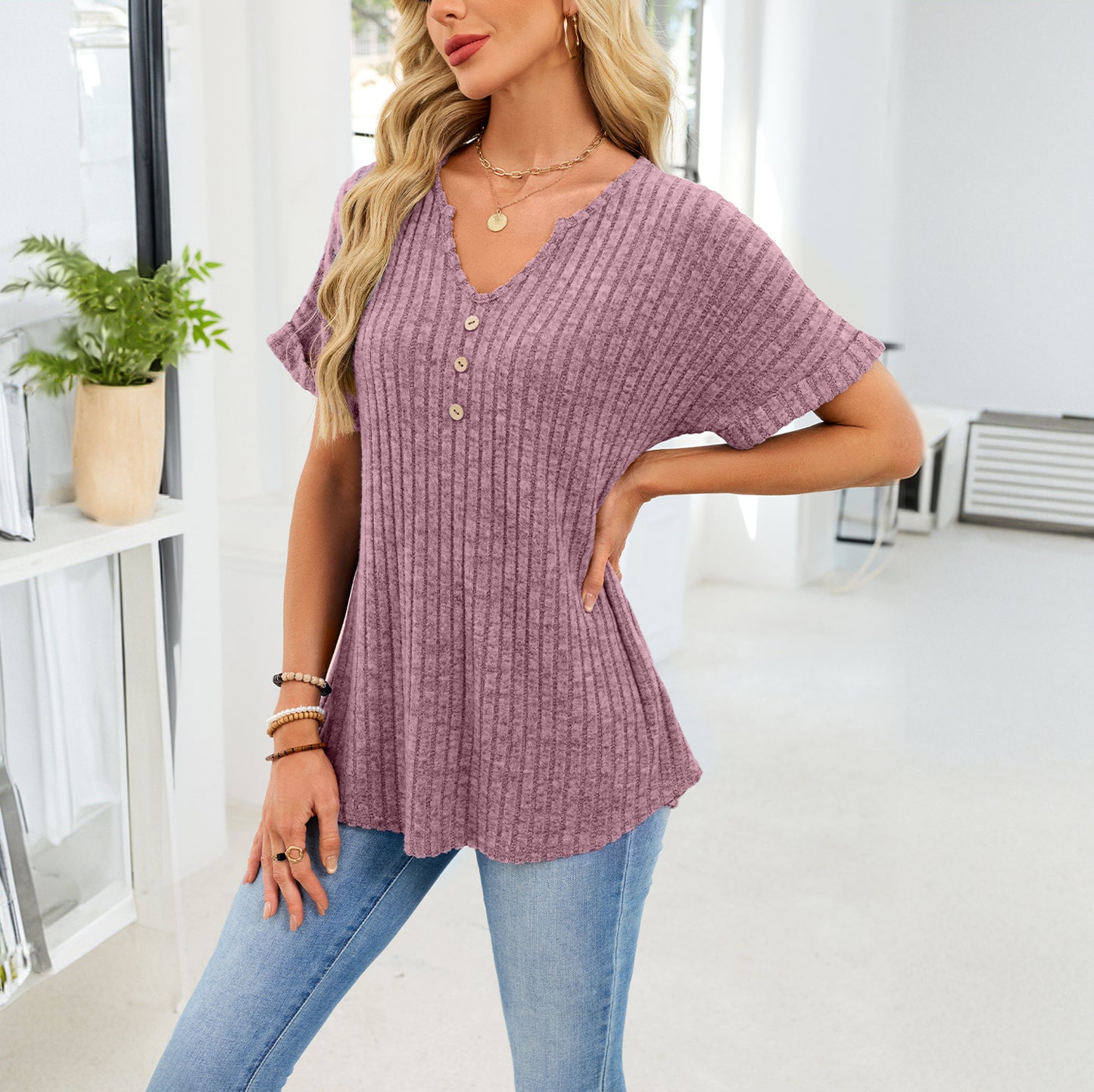 Ribbed Knit Tunic Top Button V Neck Tee