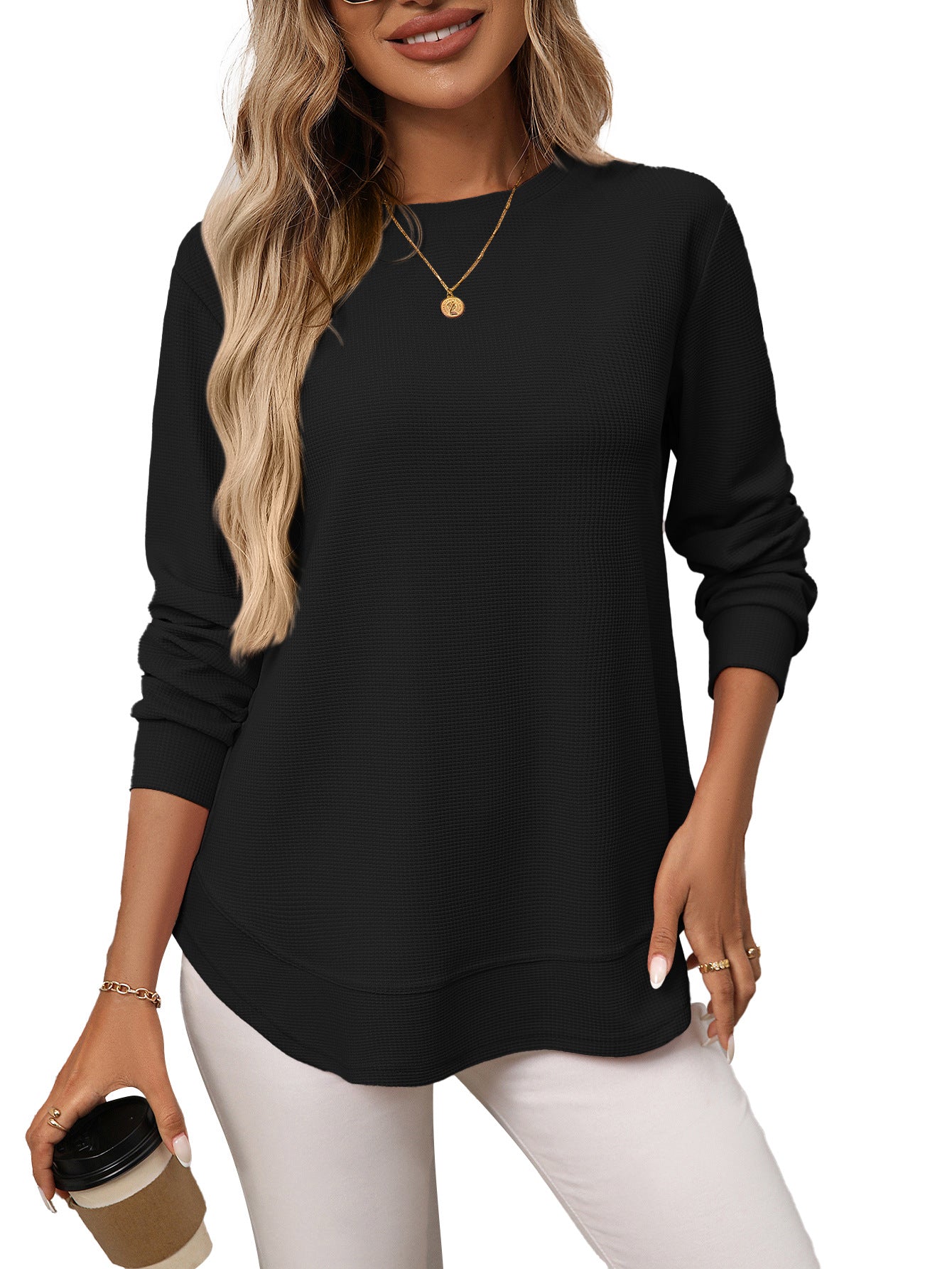 Waffle Knit Long Sleeve Top Relaxed Fit Casual Pullover