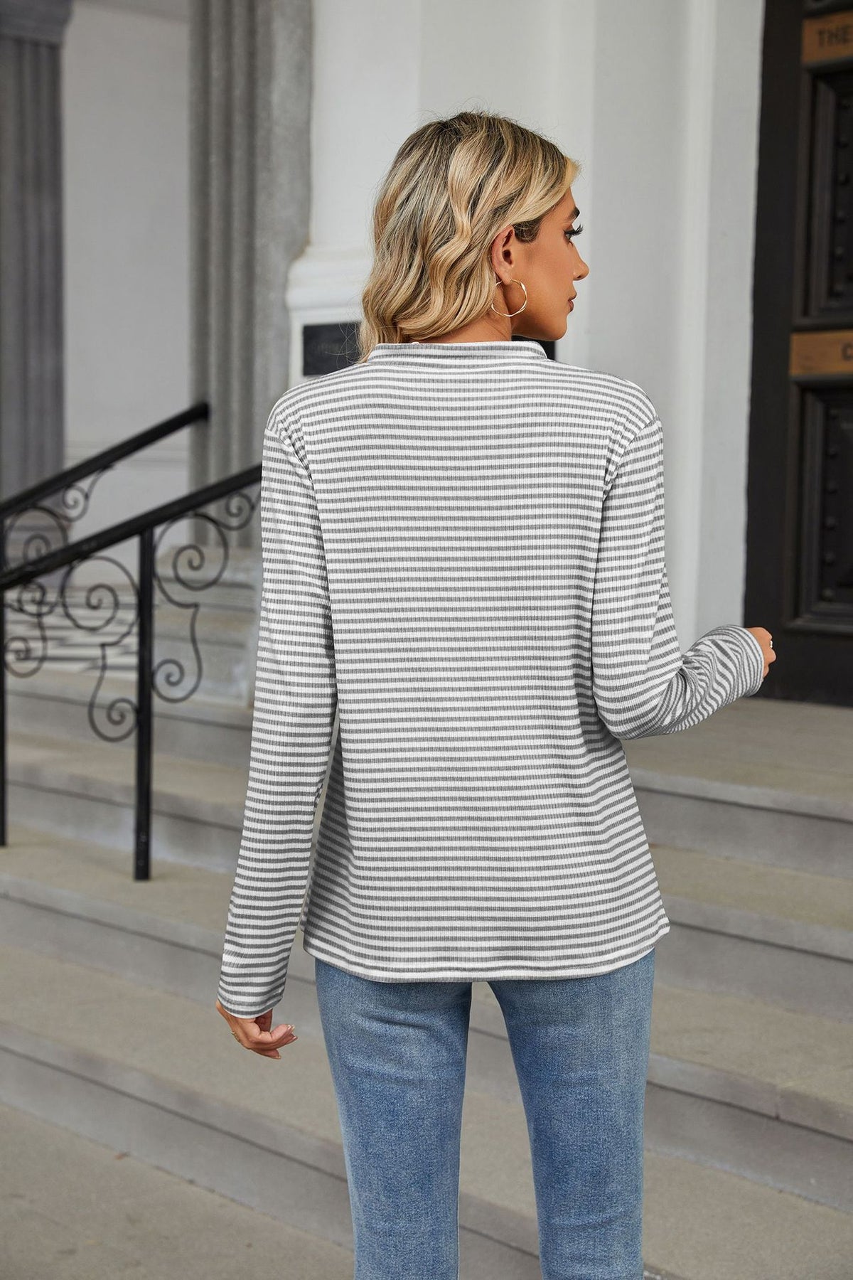 Women's Striped V Neck Button Long Sleeve Loose Casual Top