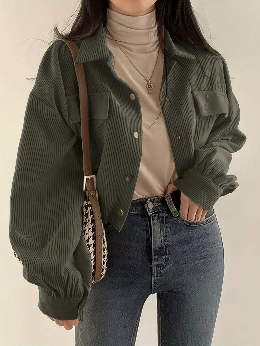 Cropped Corduroy Shacket Drawstring Hem