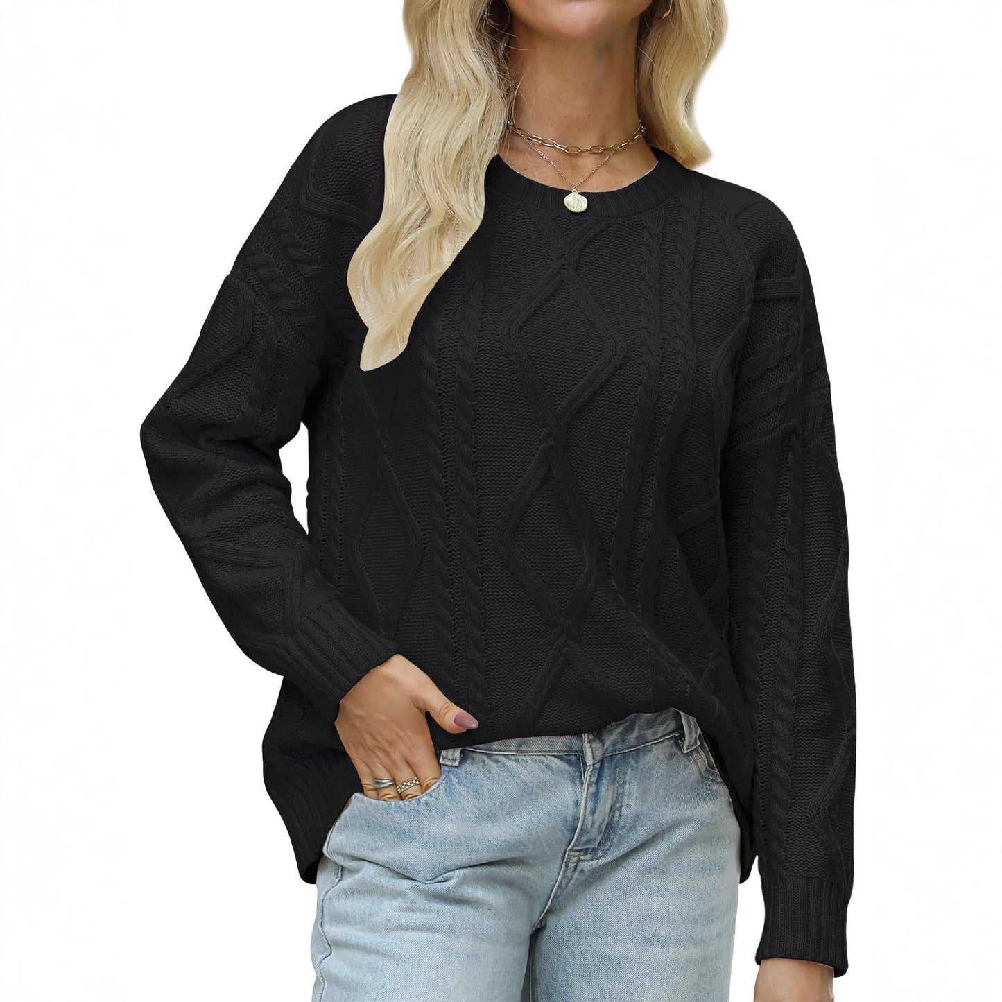 Women’s Vintage Cable Knit Sweater Crew Neck Loose Fit