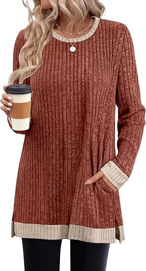 Color Block Ribbed Tunic Top Long Sleeve Pocket Side Slit