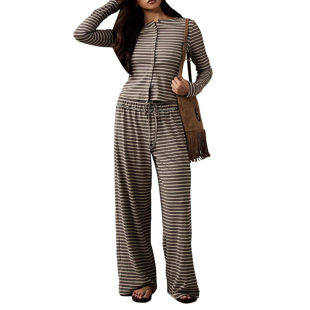 Striped Lounge Set Long Sleeve Top & Pants Soft Casual Outfit