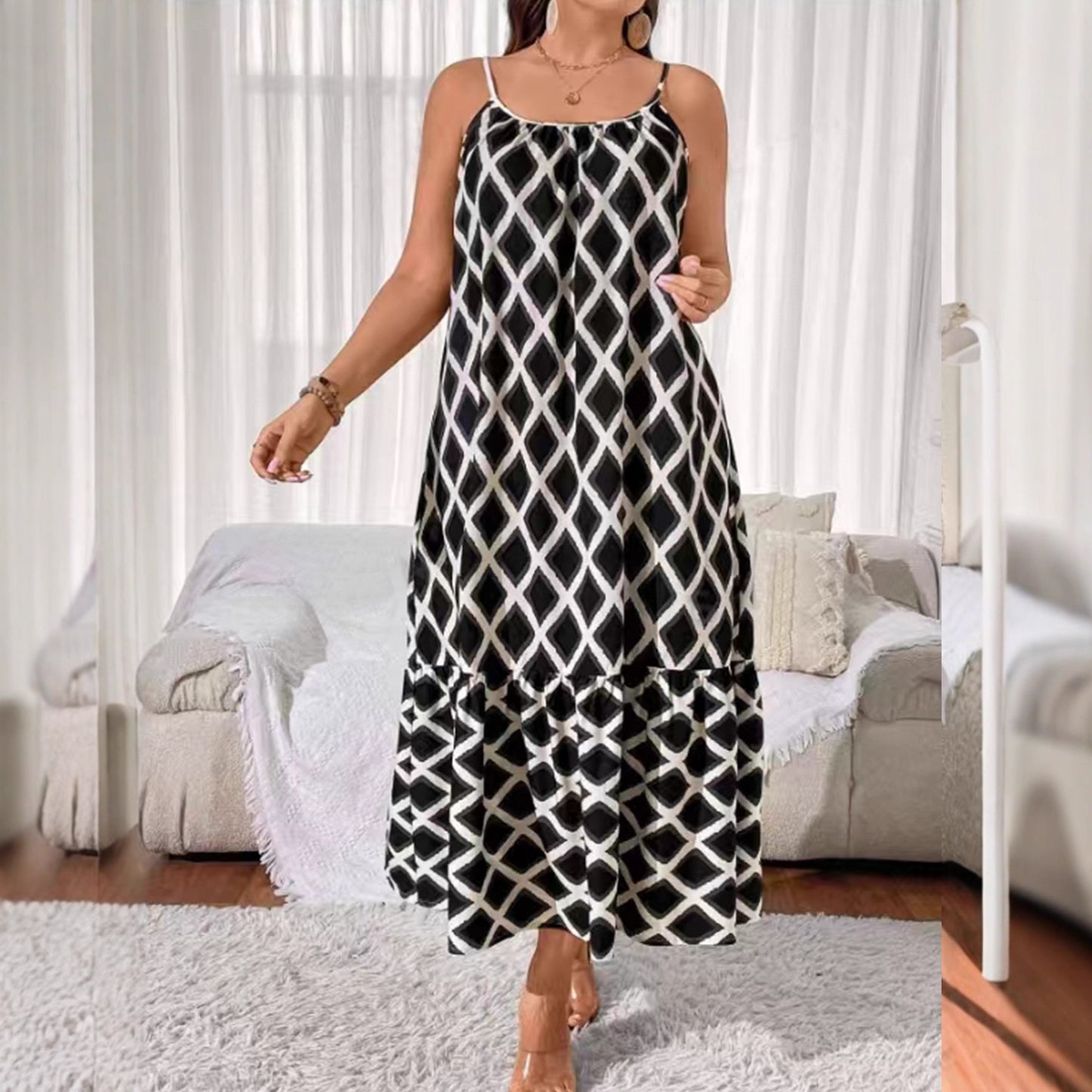 Plus Size Geometric Print Cami Maxi Dress Ruffle Hem
