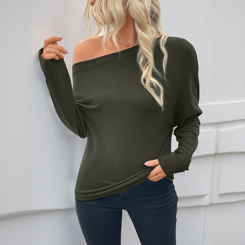 Olive Off Shoulder Long Sleeve Casual Pullover Top