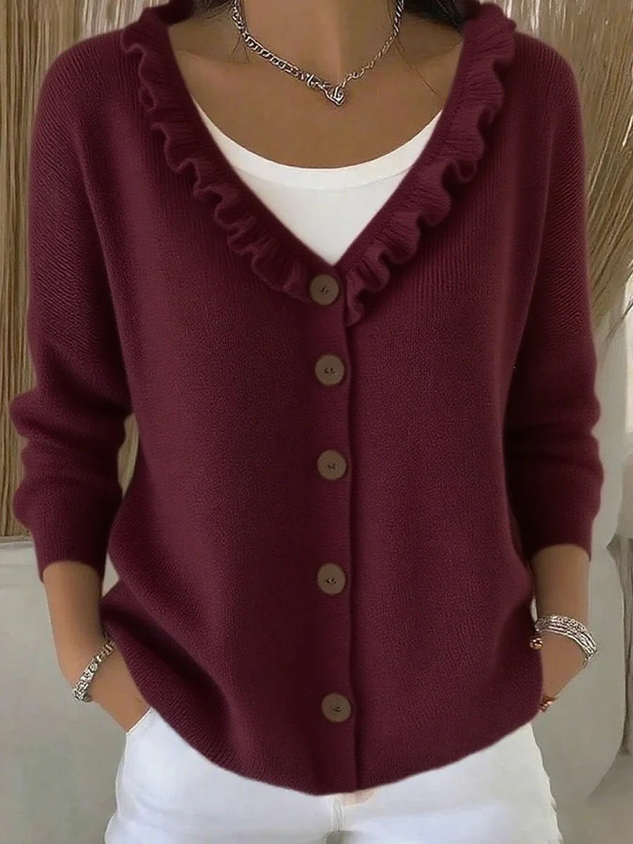 Ruffle Trim V Neck Button Front Knit Cardigan