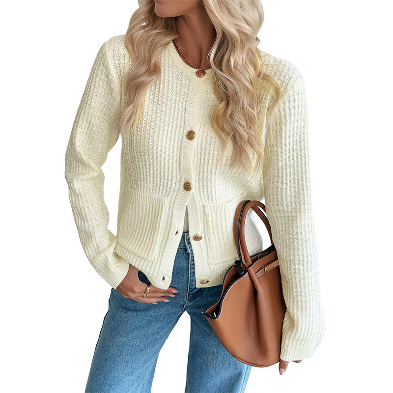 Solid Knit Cardigan with Pockets Long Sleeve Sweater