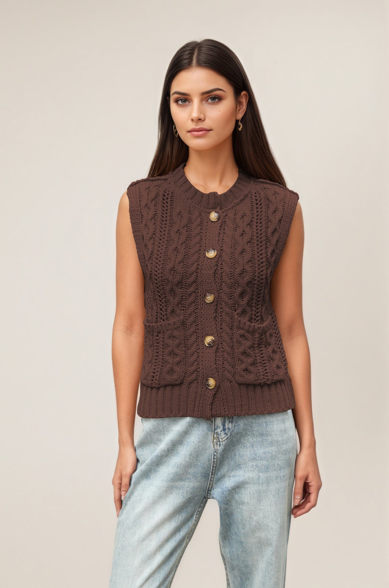 Pocket Knit Vest Sleeveless Cardigan Sweater Casual Layering