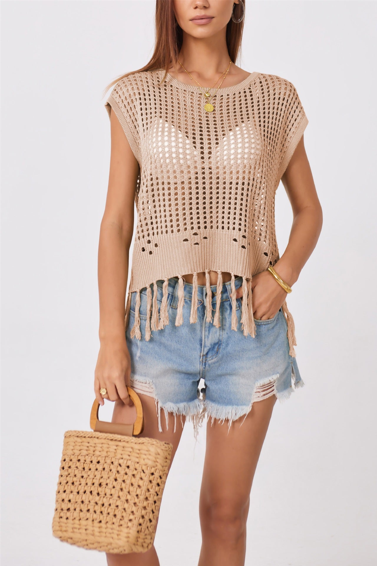 Crochet Fringe Knit Top Sleeveless Beach Cover Up