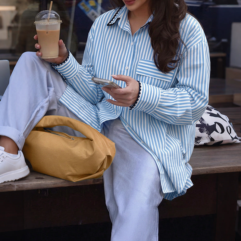 Striped  Shirt Preppy Oversized Button Front