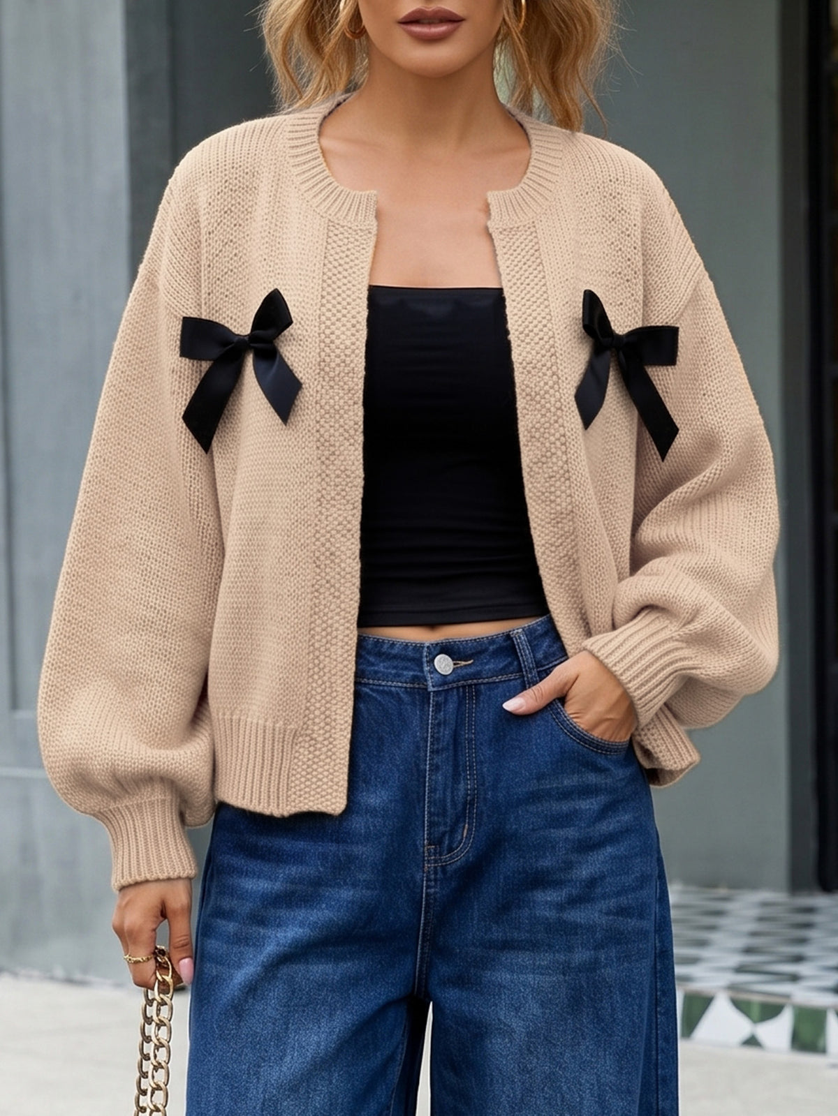 Coquette Bow Cardigan Women Knit Sweater Open Front