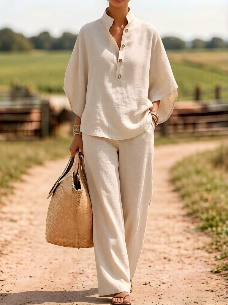 Solid Linen Blend Button Top Wide Leg Pant Set