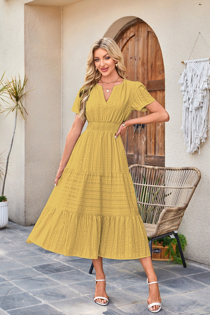 V Neck Smocked Puff Sleeve Flowy Midi Dress for Women