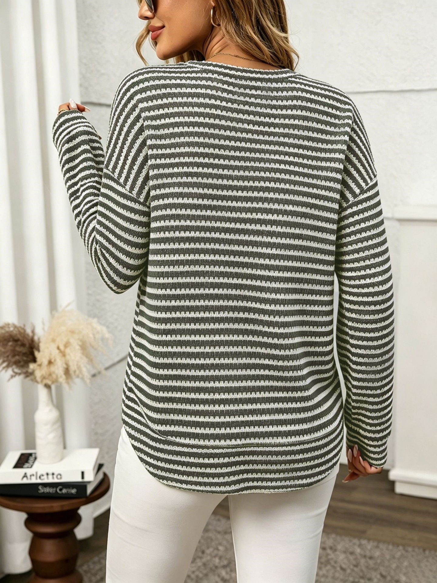 Waffle Knit Striped Long Sleeve Top Relaxed Fit Casual Style