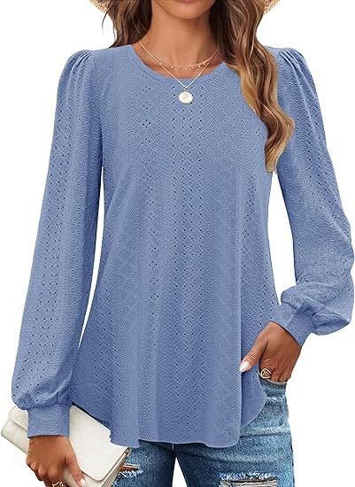 Solid Knit Blouse Casual Eyelet Puff Sleeve Boutique