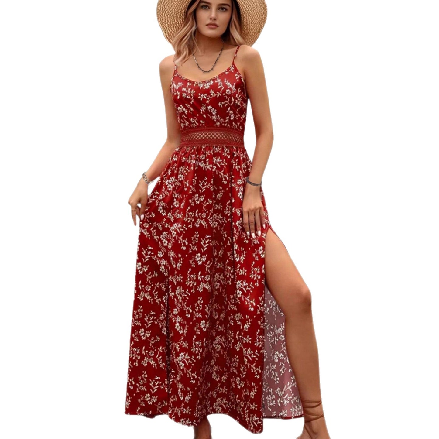 Women’s Floral Cami Maxi Dress Lace Waist Slit