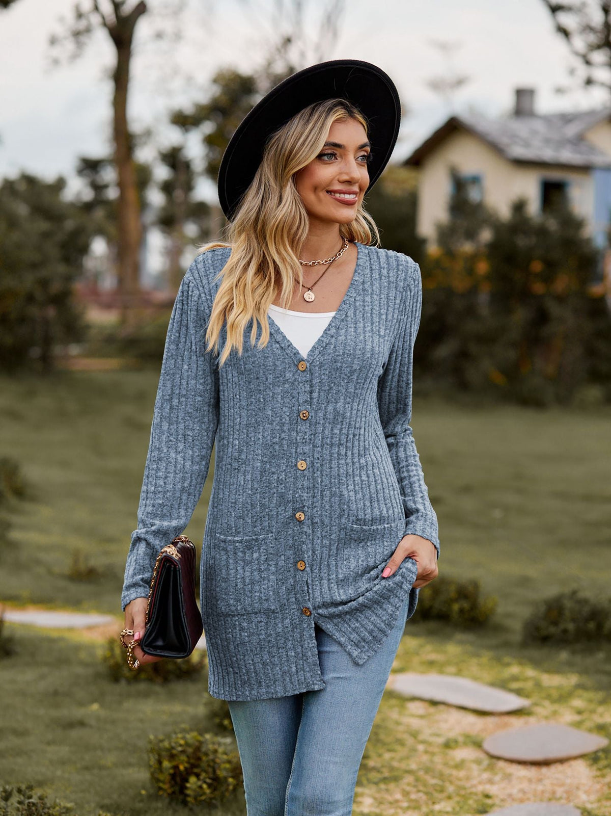 Ribbed Knit Longline Cardigan Button Front