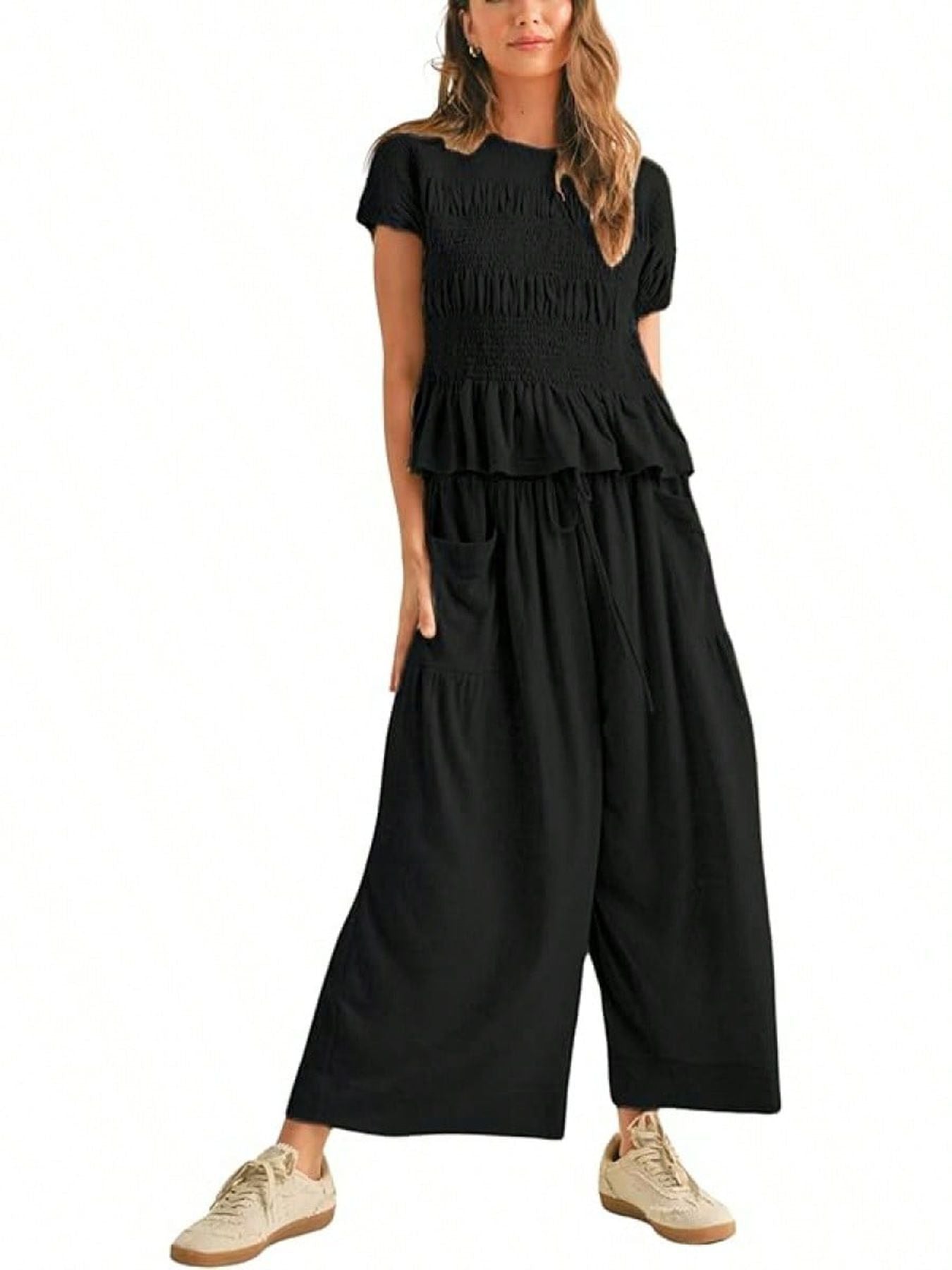Summer Smocked Ruffle Top Wide Leg Pants Set